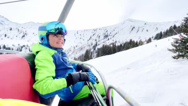 Close Portrait Boy Sit Sport Outfit Helmet Mask Ski Going — Vídeos de Stock