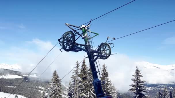 Close Beautiful Mechanic Big Ring Cables Ski Lift Mountain Background — Video