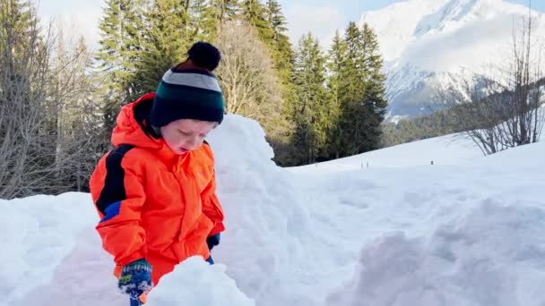 Little Boy Orange Coat Play Shovel Snow Sunny Winter Day — Stok video