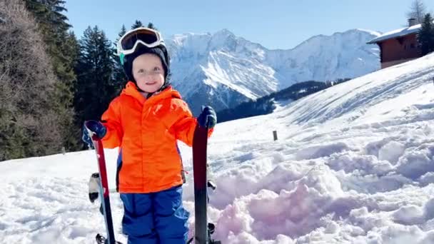 Little Boy Ski School Three Years Old Child Stand Mountains — Wideo stockowe