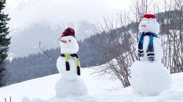 Two Snowmen Decorated Hats Scarfs Mountain Forest Winter Snowfall — Stockvideo