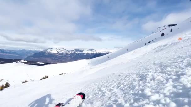 Fast Motion Shot Low Angle Ski Skier Alpine Slope Track — Video