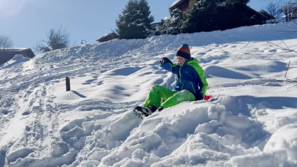 冬の休暇に山の中で楽しみを持って下り坂でそりに乗る男の子 — ストック動画