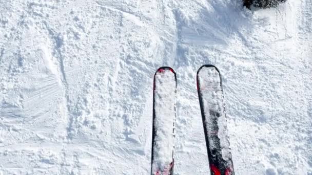 上からの眺めコースの上にぶら下がっているスキーのペアのリフトから — ストック動画