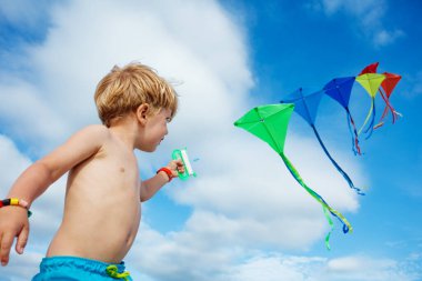 Close-up of a little boy stand holding many kites in hand and looking at them smiling over blue sky view from behind