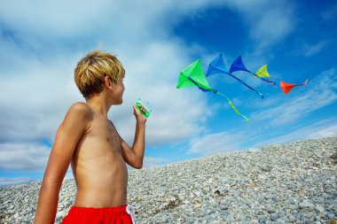 Young boy stand holding many colorful kites in hand on pebble beach over blue sky