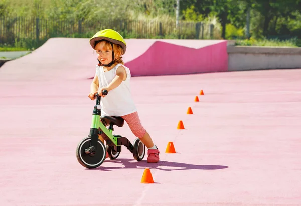 Little Cute Baby Girl Ride Three Wheels Small Bicycle Park — Stock Photo, Image