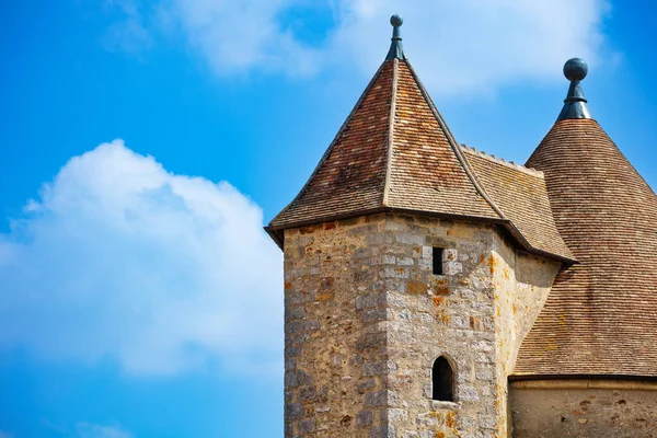 Beautiful Close Medieval Castle Square Towers Blue Sky Blandy Les — Stok fotoğraf