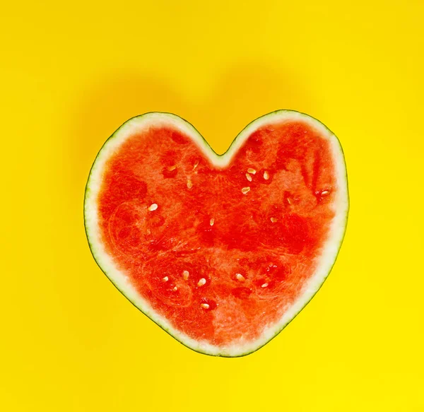 Watermelon Shape Heart Sweet Lovely Healthy Food Concept Yellow Background — Fotografia de Stock