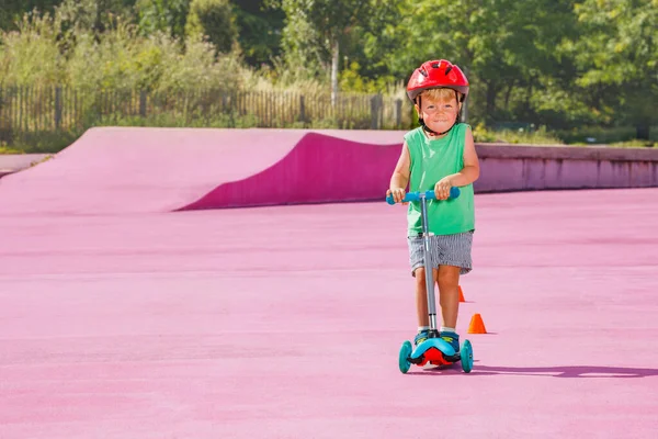 Portrait Little Cute Small Boy Kick Scooter Ride Skate Park — Stock Photo, Image