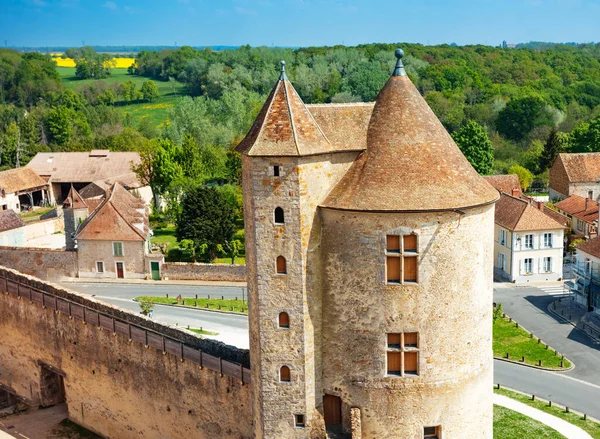 Widok Góry Średniowiecznej Wieży Zamkowej Murów Blandy Les Tours Francja — Zdjęcie stockowe
