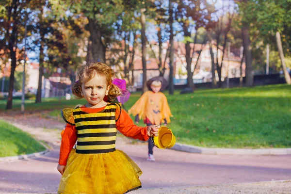 Kids Halloween Costumes Little Girl Trick Treat Buckets Walk Town — Stock Photo, Image
