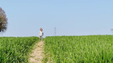 Little blond handsome boy run in the fresh spring field