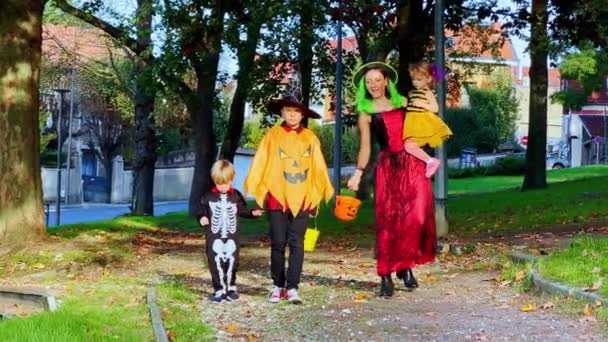 万圣节装扮的一家人在镇上的公园里拿着装糖果的桶 — 图库视频影像