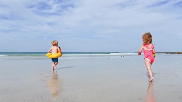 Group Children Two Boys Little Girl Holding Inflatable Toy Buoy — Video