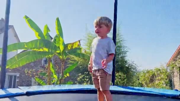 Lindo Niño Feliz Saltar Trampolín Jardín Con Palmera Patio Trasero — Vídeos de Stock