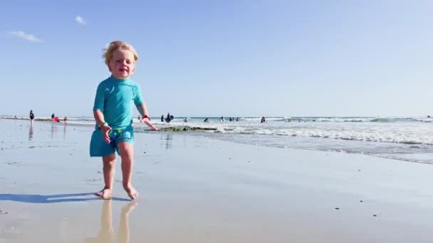 Happy Little Blond Boy Running Sand Beach — Video
