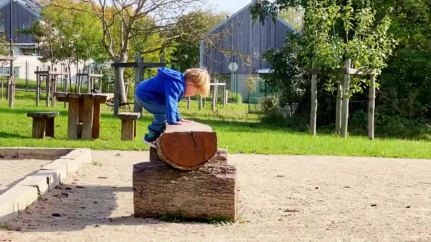 Roztomilý Chlapec Vylézt Chodit Dřevěném Trámu Kmene Kmene Klády Skákání — Stock video