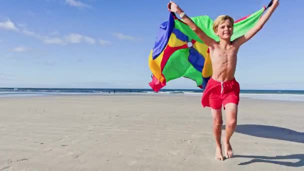 Boy Run Colorful Kite Sea Beach Action Motion Dynamic Concept — Vídeo de stock