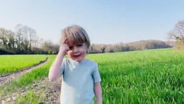 Portrét Rozesmátého Blonďatého Šťastného Chlapce Čerstvě Zeleném Jarním Poli — Stock video