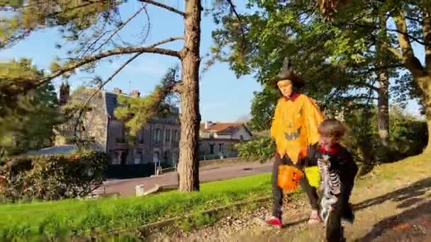 Dva Bratři Halloweenských Kostýmech Drží Kbelíky Cukroví Parku — Stock video