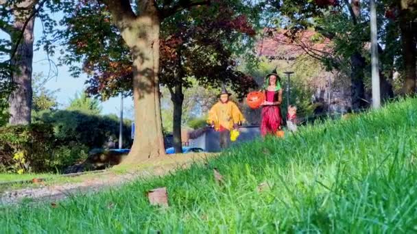 Семья Работает Хэллоуин Замаскировать Ведро Конфет Над Городским Парком — стоковое видео