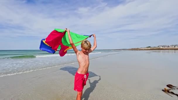 Close Portrait Boy Run Colorful Kite Sea Beach Action Motion — ストック動画