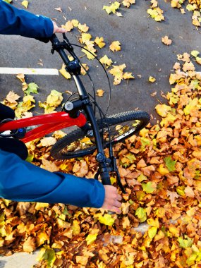Bisiklet gidonunu tut, sonbahar yapraklarıyla kaplı bisiklet yolunda dur.