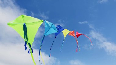 Group of many beautiful color red green orange kites fly on the string over blue sky with clouds