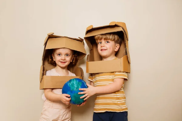 Happy Siblings Boy Girl Stand Holding Together Planet Earth Cardboard — Stock Photo, Image