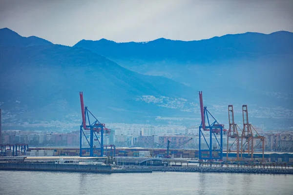 Industrial Cargo Terminal Port Cranes Bay Mediterranean Sea Malaga City — Stock Photo, Image