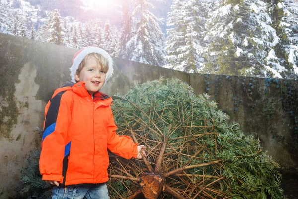 Noel Baba Şapkalı Kışlık Elbiseli Gülümseyen Bir Çocuk Noel Ağacını — Stok fotoğraf