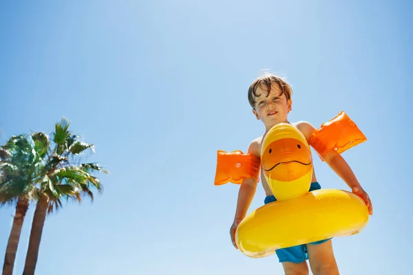 Happy Boy Duckling Buoy Yellow Arm Bands Stand Blue Sky — Stock Photo, Image