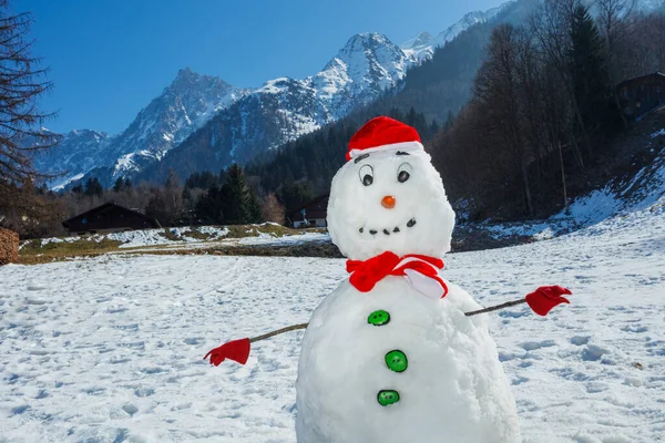Noel Baba Şapkalı Bir Kardan Adamın Yakın Çekimi Havuç Burnu — Stok fotoğraf