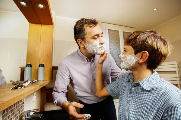 Teen Foaming Dad Face His Hand Shaving Together Father Son — Stock Photo, Image