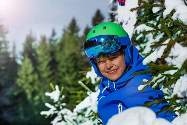 Close Portrait Happy Young Boy Ski Helmet Smile Snow Covered — Stock Photo, Image