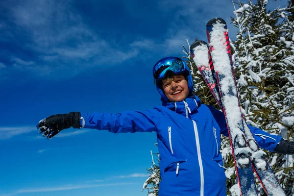 Happy Young Boy Ski Helmet Googles Alpine Skies Smile Stand — Stock Photo, Image