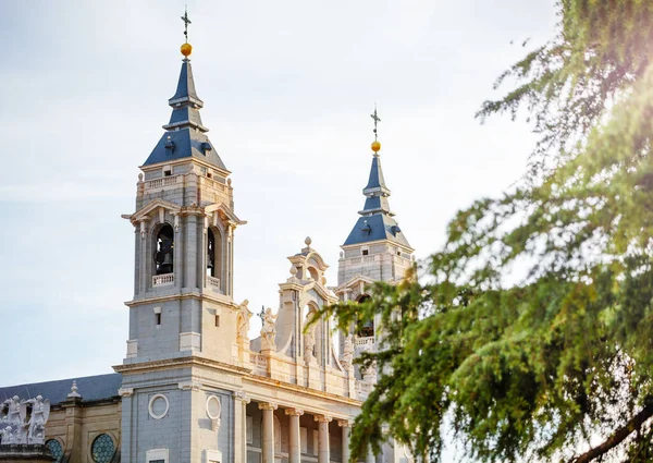 Close Photo Bell Towers Almudena Cathedral Plaza Armeria Town Square — Stock Photo, Image