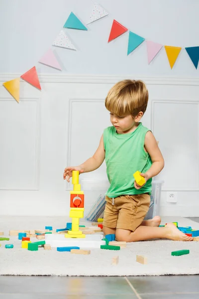 Boy Seen Playing Wooden Blocks Building Tower Carpet Living Room — Stock Photo, Image