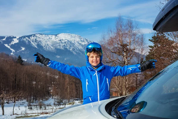 Happy Young Boy Stand Lifting Hands Smiling Wear Alpine Mask — Stock Photo, Image