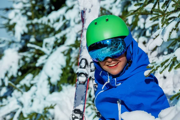 Close Portrait Young Boy Ski Helmet Googles Alpine Skies Smile — Stock Photo, Image