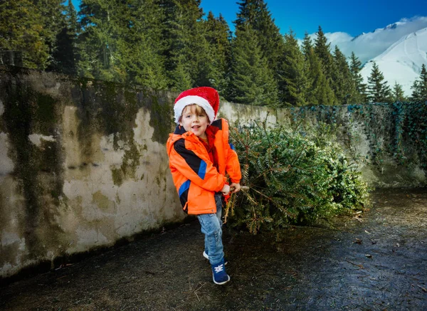 Дух Новогодних Праздников Веселый Маленький Мальчик Зимнем Наряде Шляпе Санты — стоковое фото