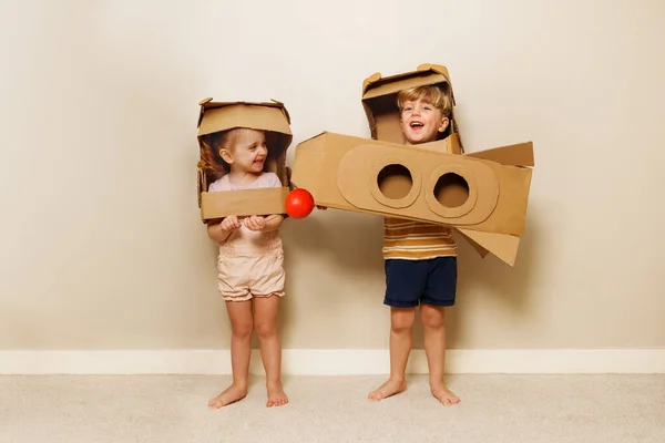 Two Happy Children Stand Cardboard Rocket Astronauts Diy Helmets Holding — Stock Photo, Image