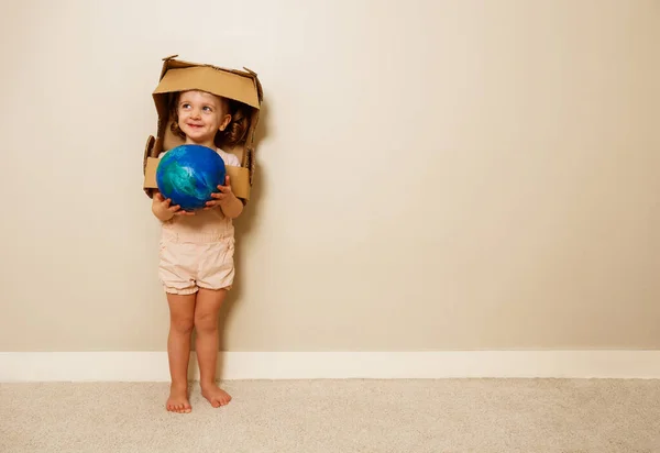 Beautiful Cute Girl Cardboard Astronaut Helmet Hold Planet Earth Blue — Stock Photo, Image