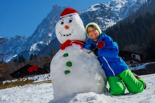 Portrait Happy Young Boy Winter Sport Outfit Play Snowman Santa — Stock Photo, Image