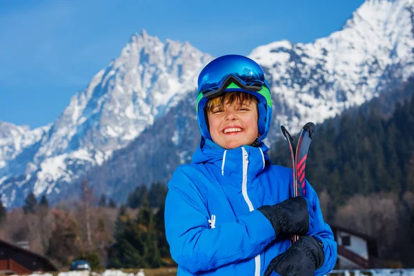 Handsome Boy Dressed Alpine Ski Outfit Mask Helmet Stands Snow — Stock Photo, Image