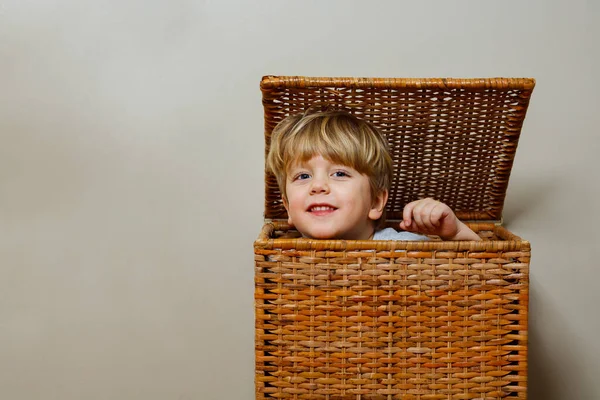 Close Little Boy Play Hiding Popping Out Laundry Wooden Box — Stock Photo, Image