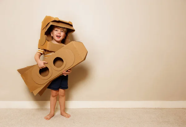 Happy Handsome Boy His Cardboard Helmet Self Made Rocket Hands — Stock Photo, Image