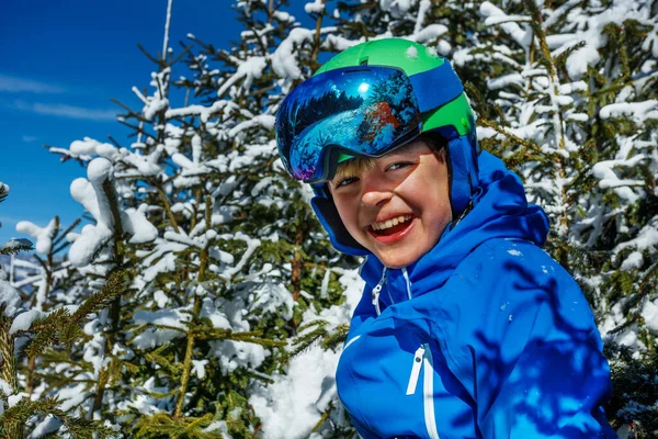 Close Portrait Laughing Young Boy Ski Helmet Mask Snow Covered — Stock Photo, Image