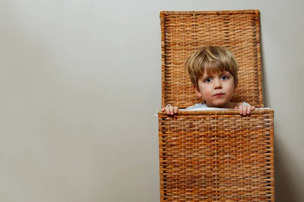 Portrait Child Boy Joyfully Playing Game Hide Seek Peeking Out — Stock Photo, Image
